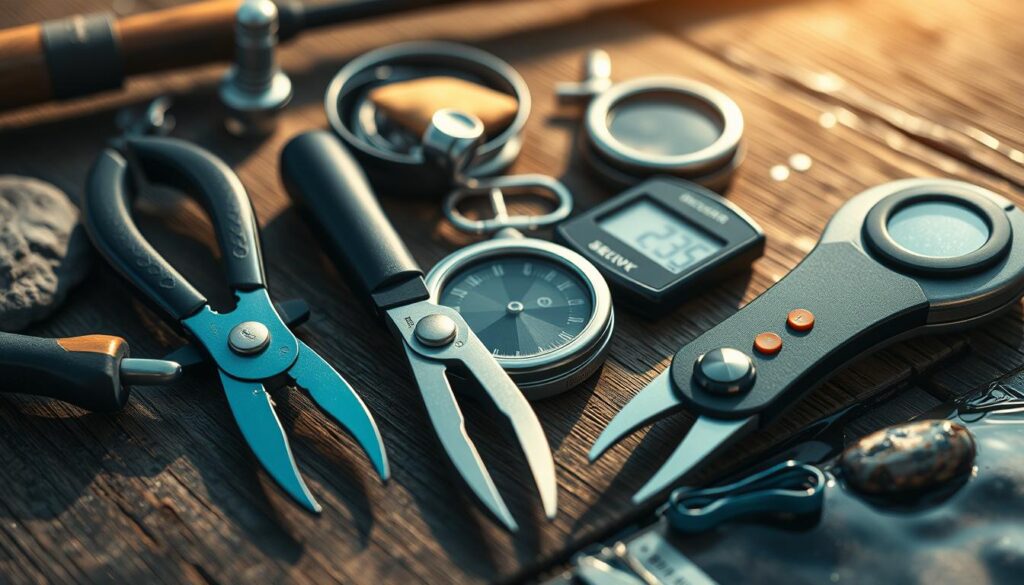 fishing pliers, line cutters, scales